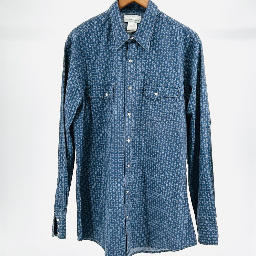 Wrangler Blue Chambray Aztec Geometric Print Western Pearl Snap Shirt